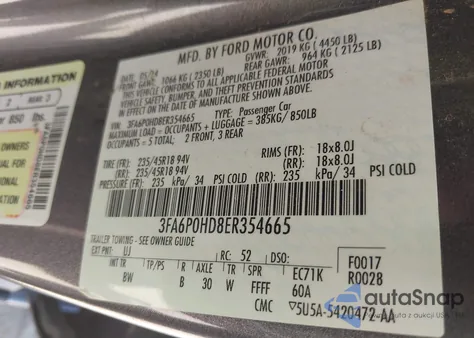 2014 Ford Fusion Se z USA, uszkodzony, nr VIN 3FA6P0HD8ER354665